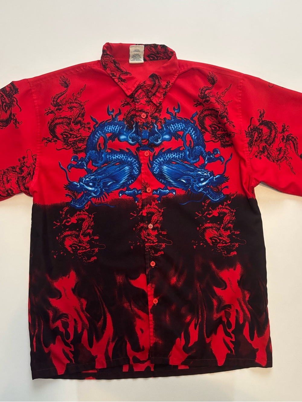 Jnco style button down dragon / flame aop shirt blue/red/black